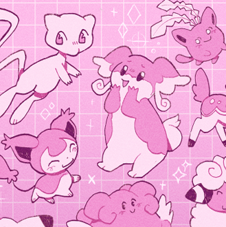 digitally-colored pen drawings of assorted pink pokemon. they have all been colored in a few shades of pink. the drawings include mew, skitty, clefairy, audino, blissey, hoppip, deerling, flaaffy, hatena, mime jr., and stufful.